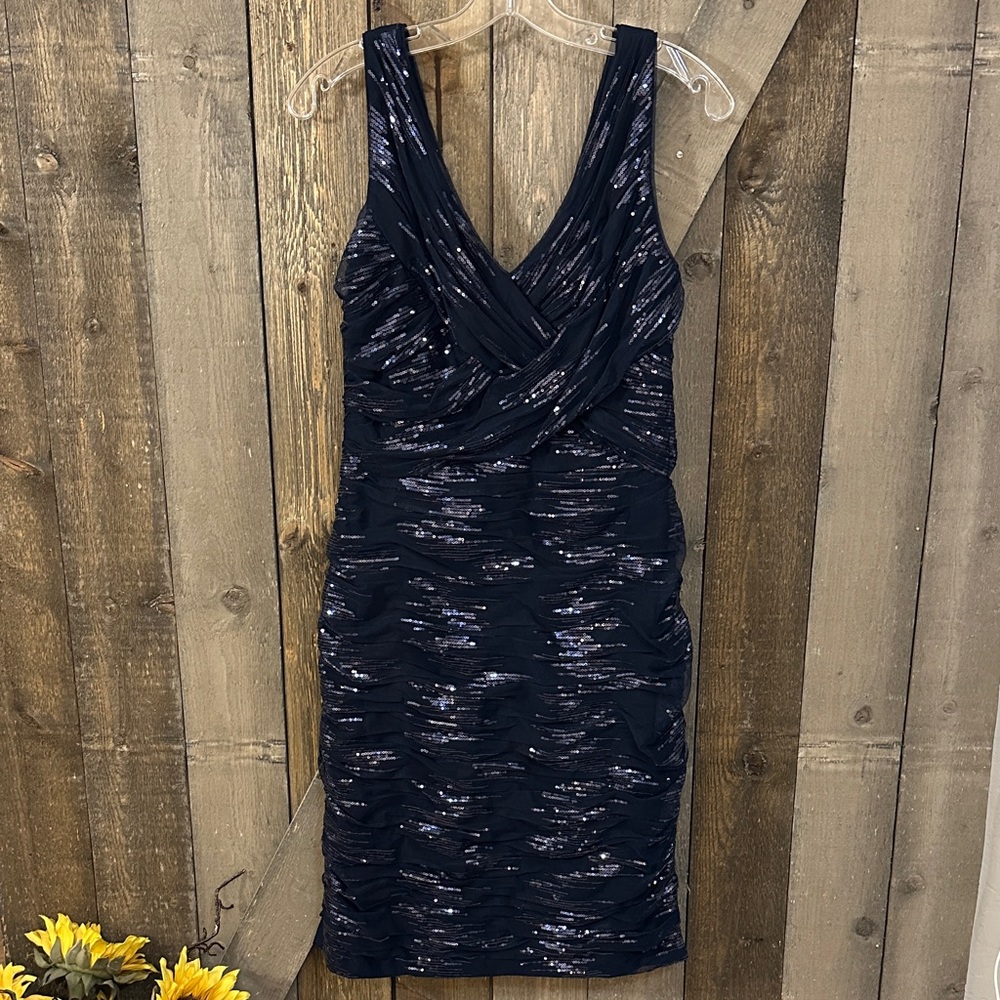 Lauren Ralph Lauren NWT Navy Blue Sequined Ruched Evening Cocktail Party Dress